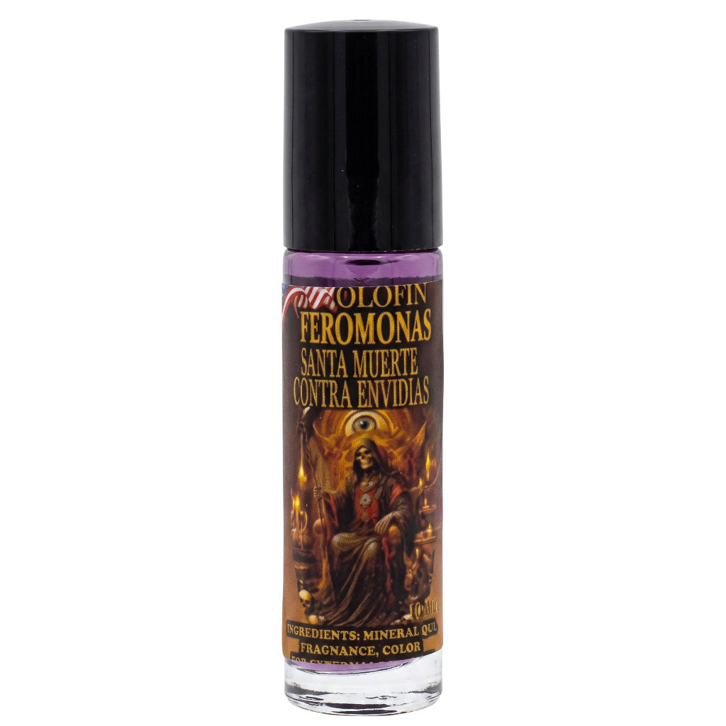 A roll-on bottle of Colofin Feromonas 'Santa Muerte' fragrance oil, featuring a black cap and a label with a dark illustration of Santa Muerte and purple liquid visible at the top.