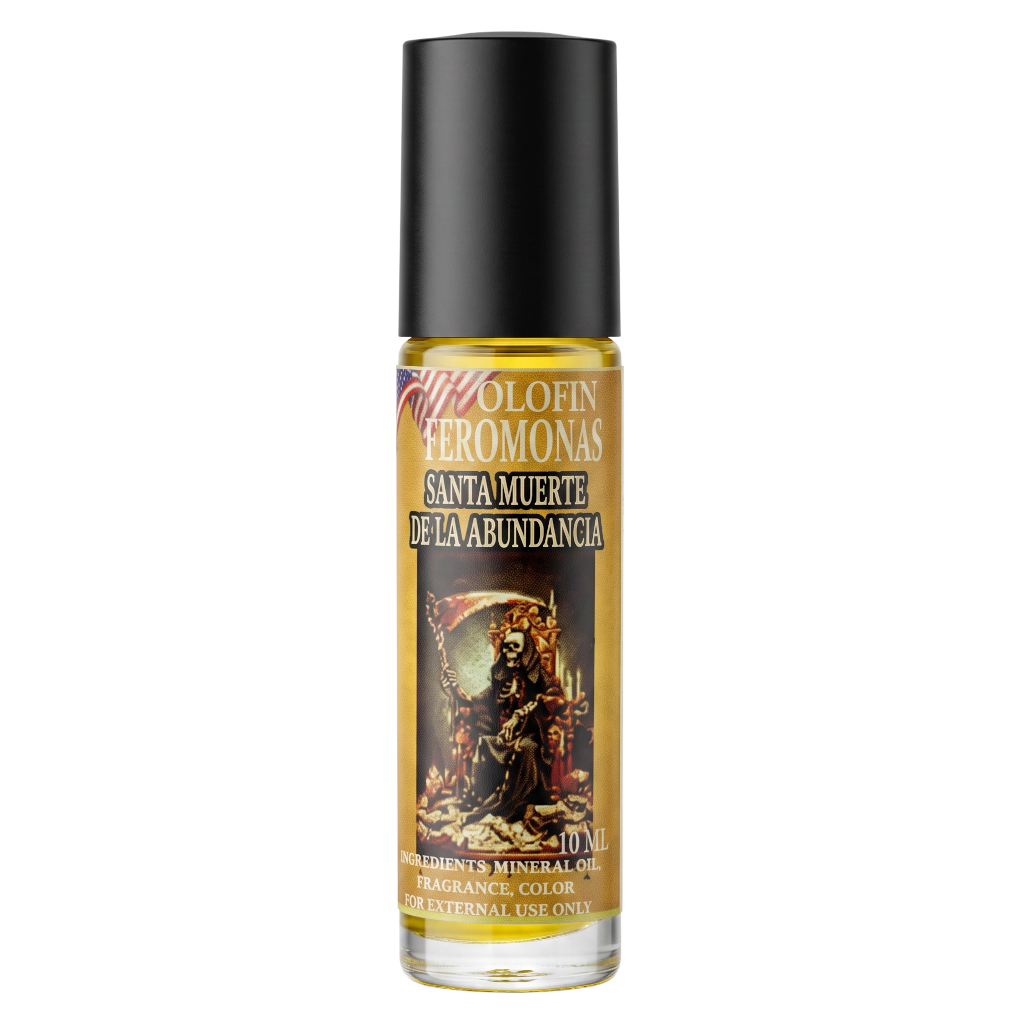 A 10 mL bottle of Holy Oil (Olofin Heromonas) with a black cap and a gold label featuring a Santa Muerte illustration, set against a plain white background.