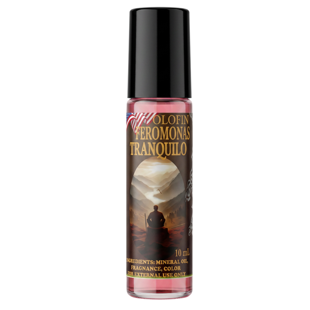 A 10 ml roll-on bottle of Ploofin Peromonas Tranquilo fragrance oil with a black cap and a dark brown label featuring a scenic illustration, shown on a plain white background.