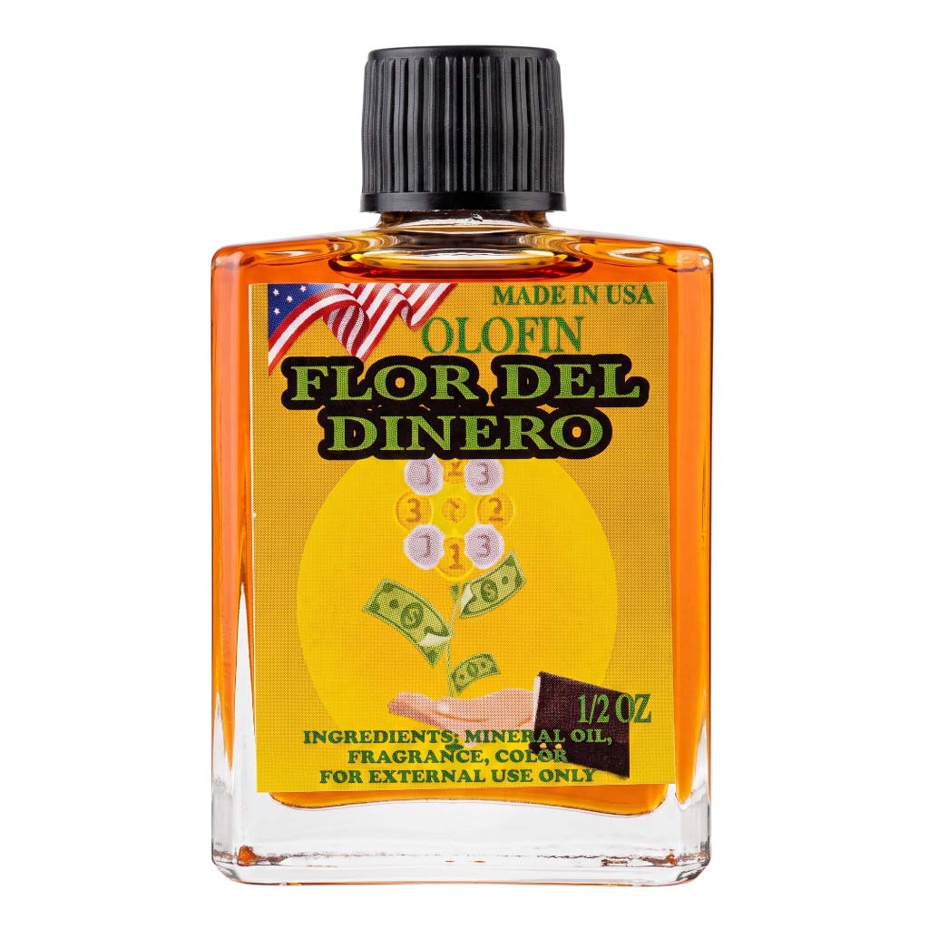 A 1/2 oz bottle of Olofin Flor Del Dinero mineral oil fragrance comb, featuring a yellow label with a black cap, on a white background.