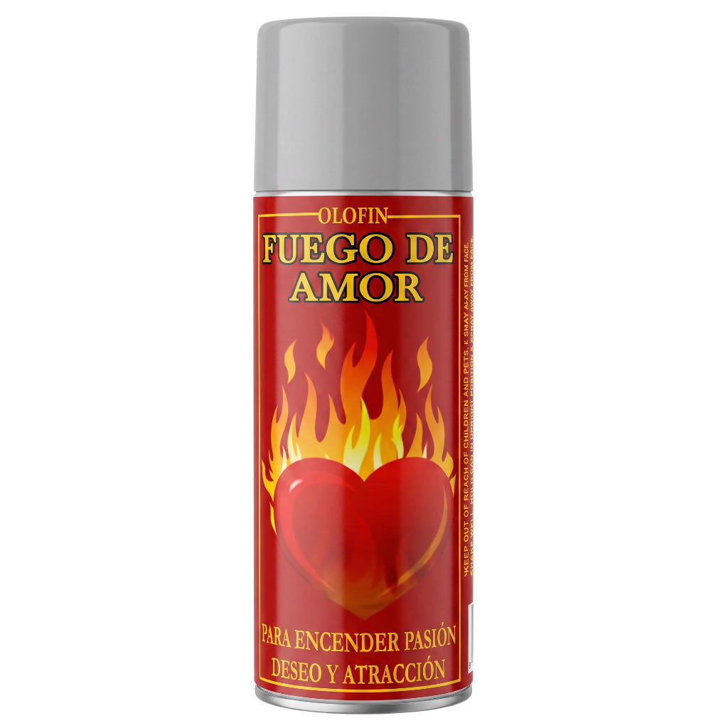 A can of Olofin Fuego de Amor spray with a red label featuring a burning red heart and yellow flames, topped with a gray cap, on a white background.