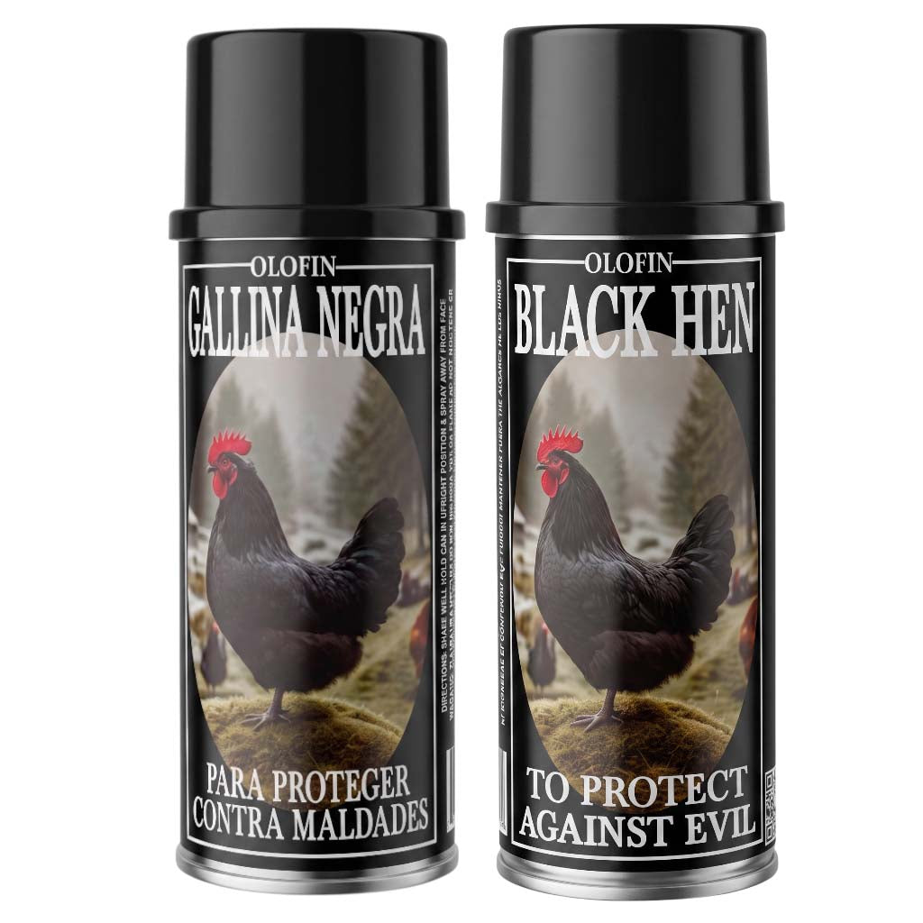 Two black spray cans of Olofin Gallina Negra (Black Hen) egg-laying booster and egg protector, featuring a graphic of a black hen with a red comb on a forest background.