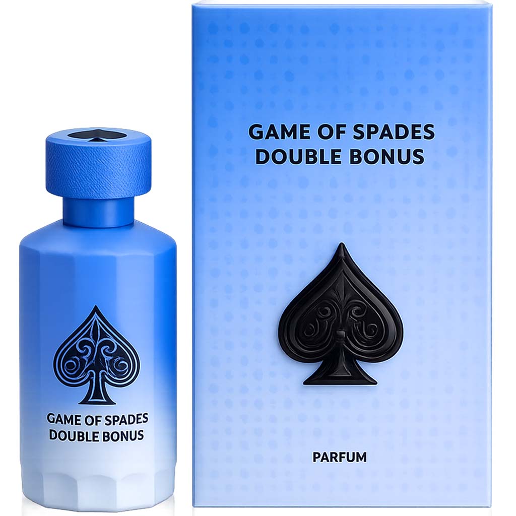 Blue perfume bottle and packaging with 'Game of Spades Double Bonus' text and spade symbol.