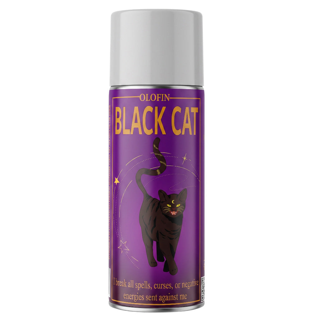 A can of Olofin Black Cat spell breaking spray with a purple label featuring a black cat illustration and gold lettering, set against a plain white background.