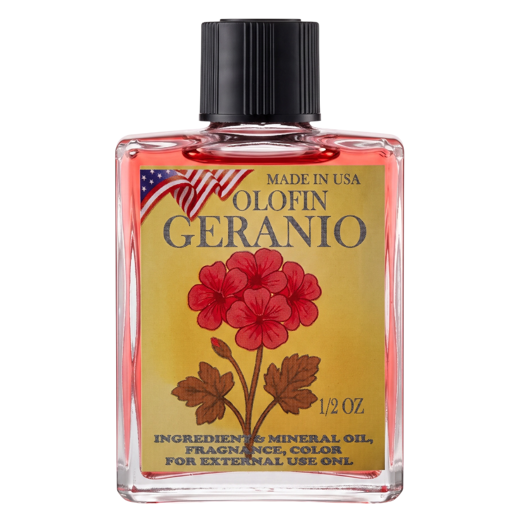 A 1/2 oz glass bottle of Olofin Geranio fragrance oil with a black cap and a vintage-style yellow label featuring red flowers and an American flag.