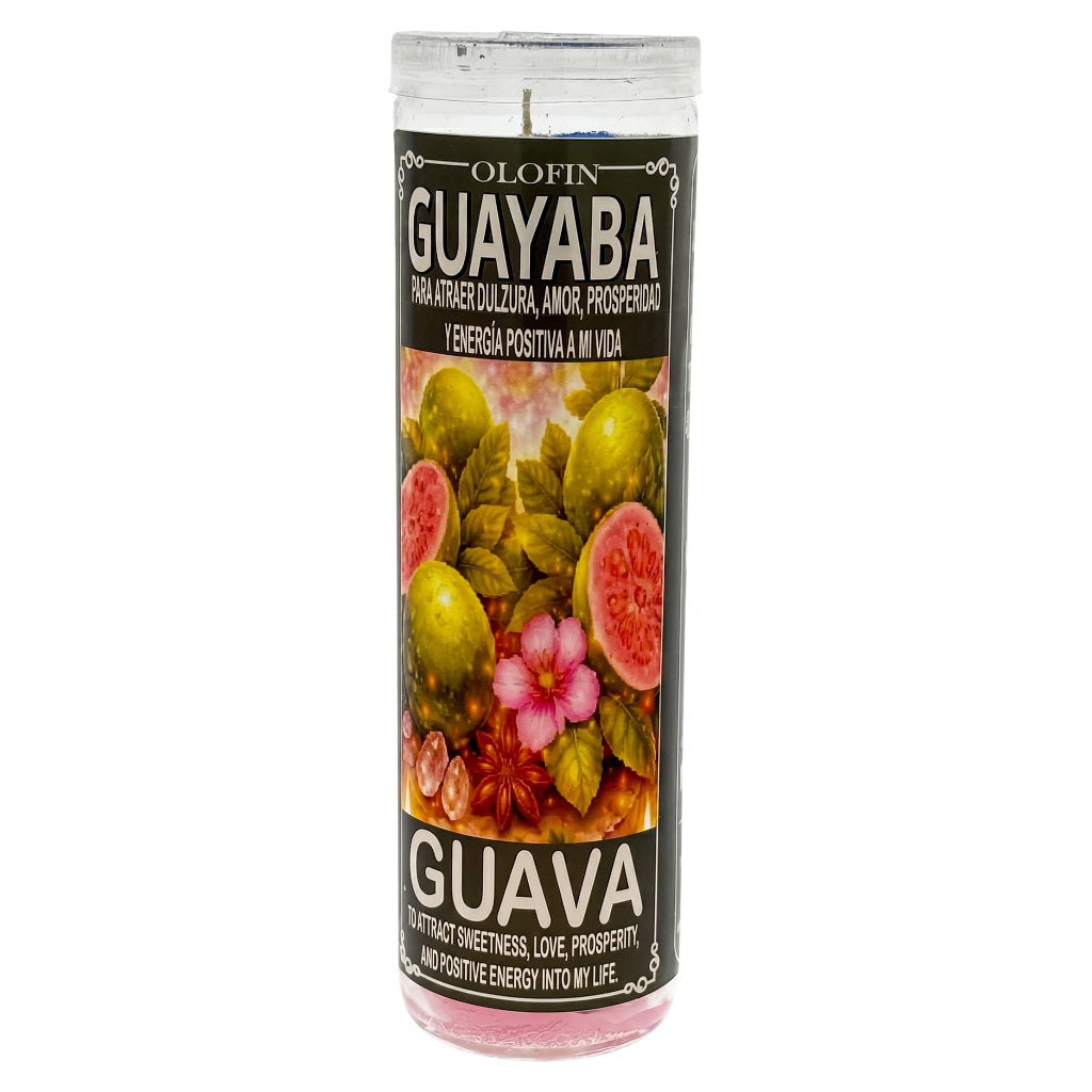 A tall glass jar candle labeled 'Olofin Guayaba' with a black label featuring fruit and flower illustrations, shown on a plain white background.
