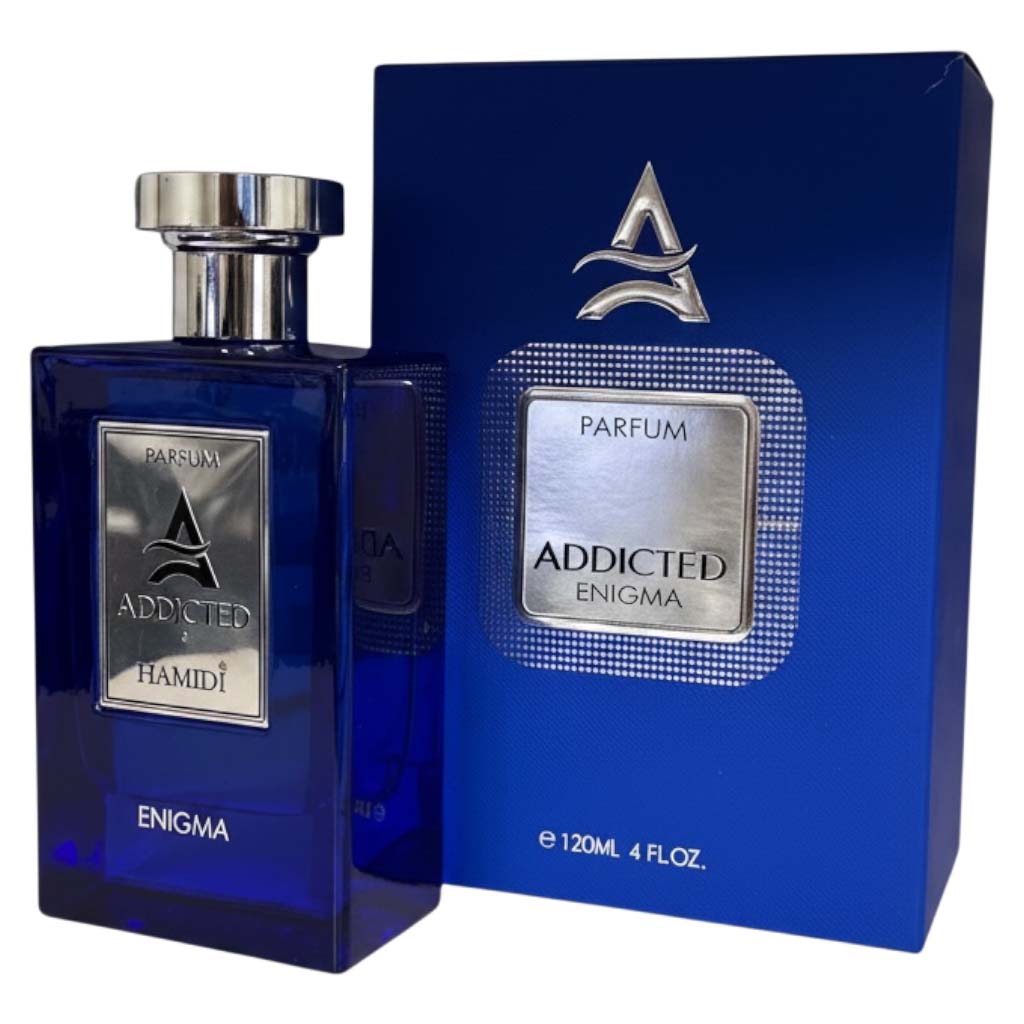 Blue Addicted Enigma perfume bottle and packaging on a white background