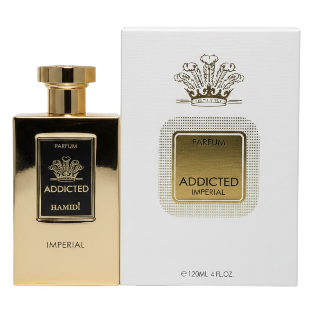 Gold and black perfume bottle with 'Addicted' branding next to its packaging on a white background