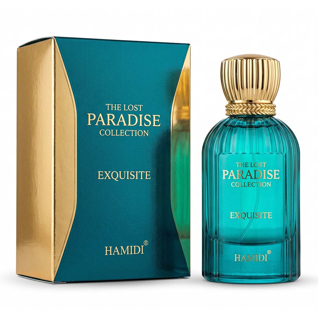 Hamidi The Lost Paradise Collection Exquisite perfume bottle and packaging on a white background