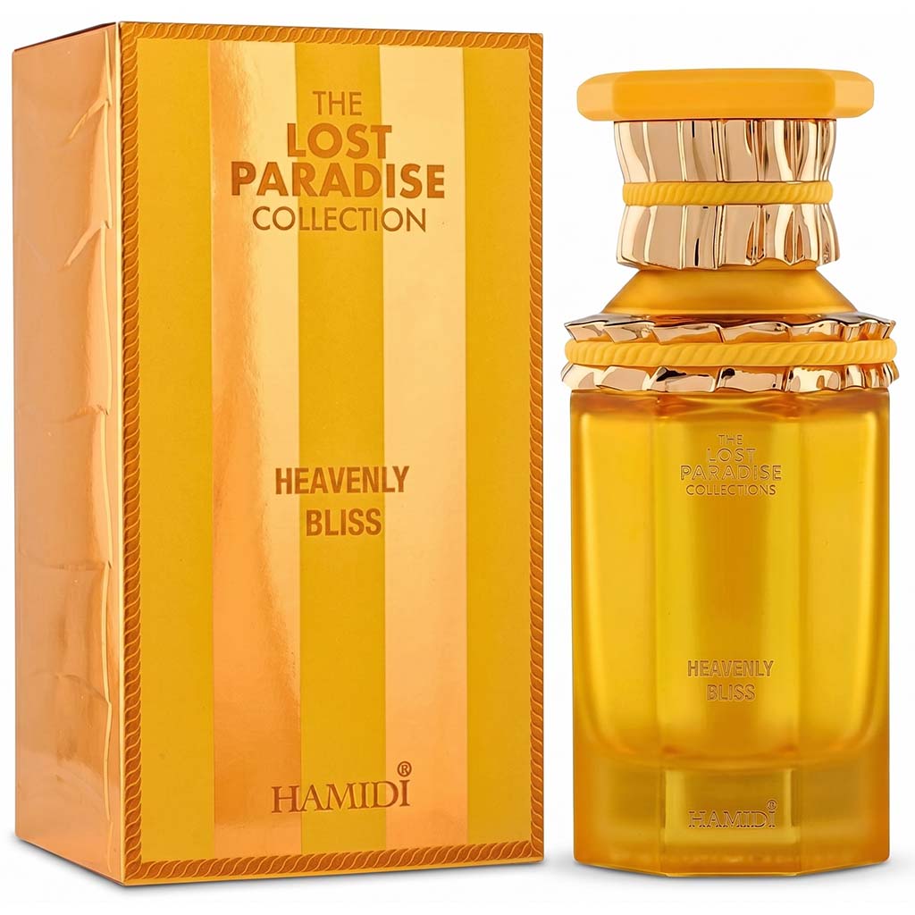 Hamidi Heavenly Bliss perfume bottle and packaging with 'The Lost Paradise Collection' branding.
