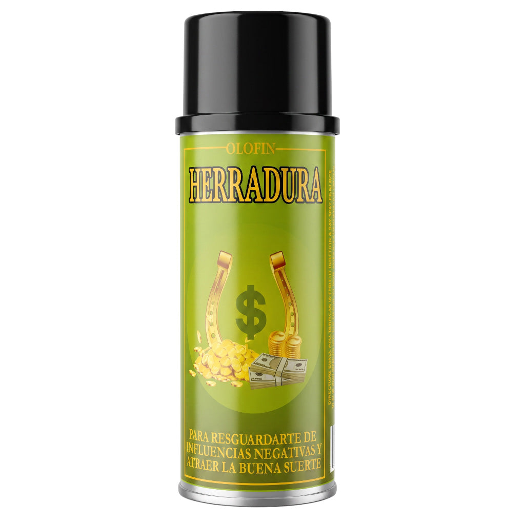 A single aerosol spray can of Olofin Herradura, featuring a bright olive green label with gold and black text, gold horseshoes, and a black cap, isolated on a white background.