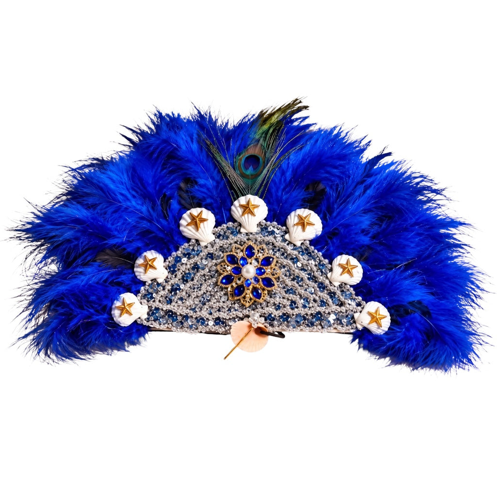Yemaya Ceremonial Fan (Abanico para Yemayá) – Blue Peacock Feathers with Silver Sequins & Ocean-Inspired Decorations – Santeria Orisha Ritual Accessory