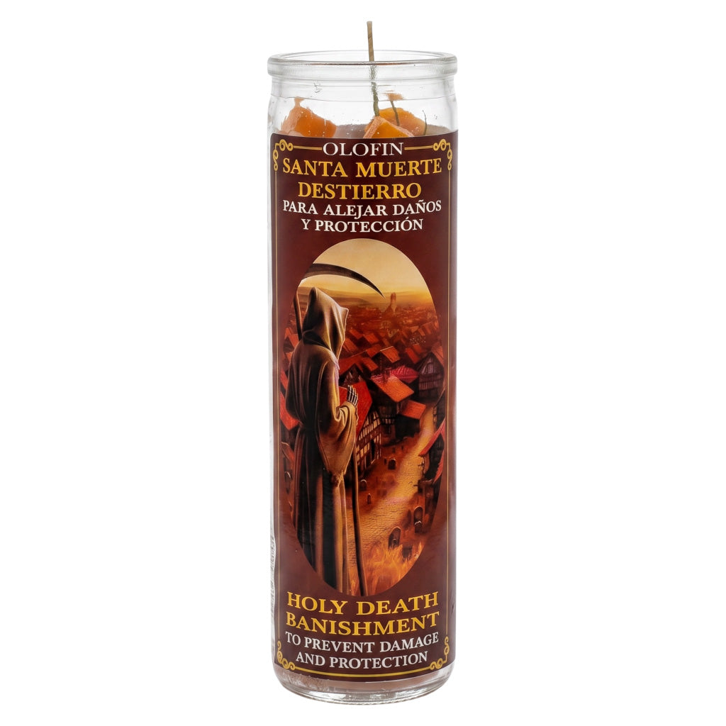A tall glass prayer candle with a brown printed label featuring Santa Muerte imagery and text reading 'Olofin Santa Muerte Destierro' and 'Holy Death Banishment to Prevent Damage and Protection.'.