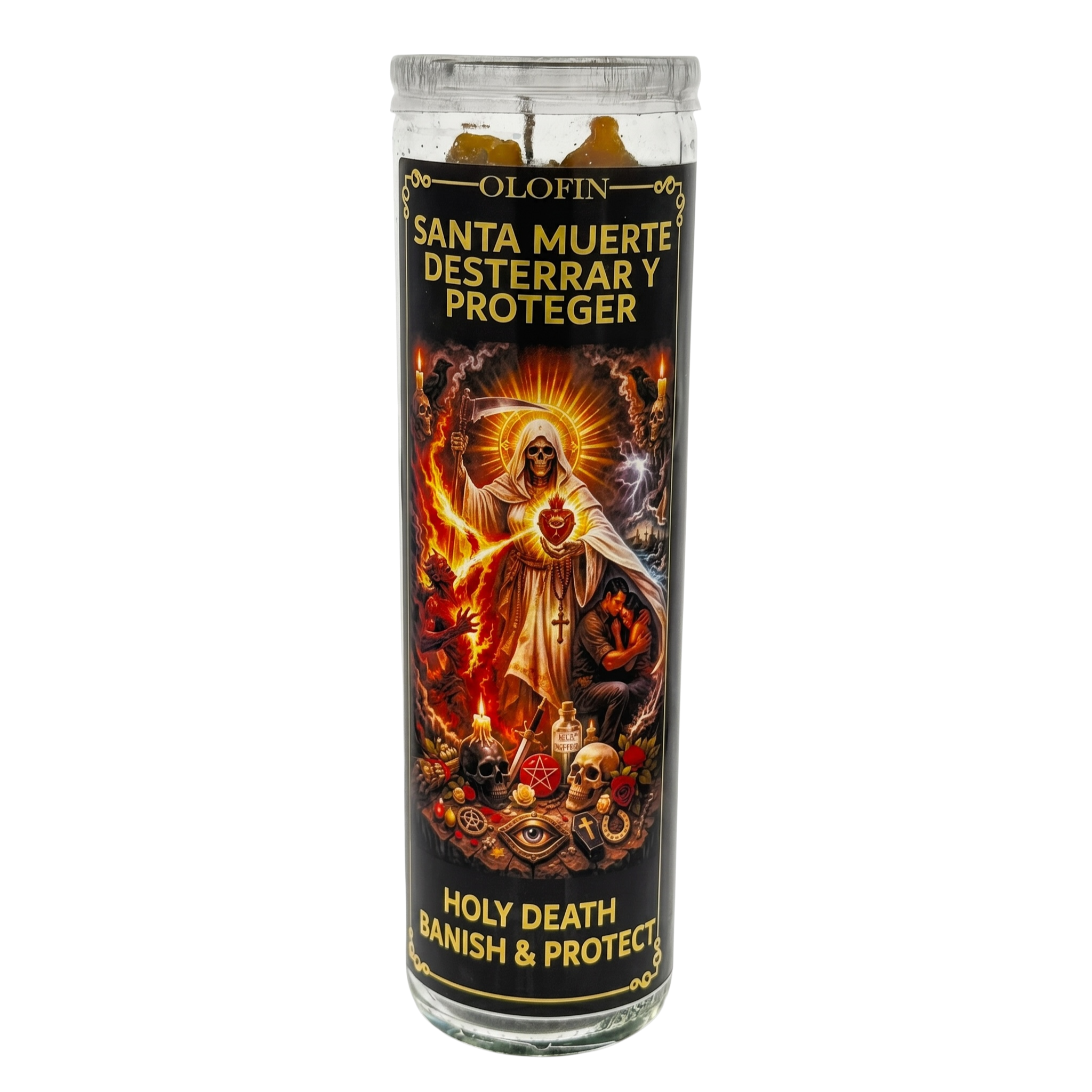 Santa Muerte Desterrar Y Protege (Holy Banish & Protect) Prepared Ritual Candle Perfumed