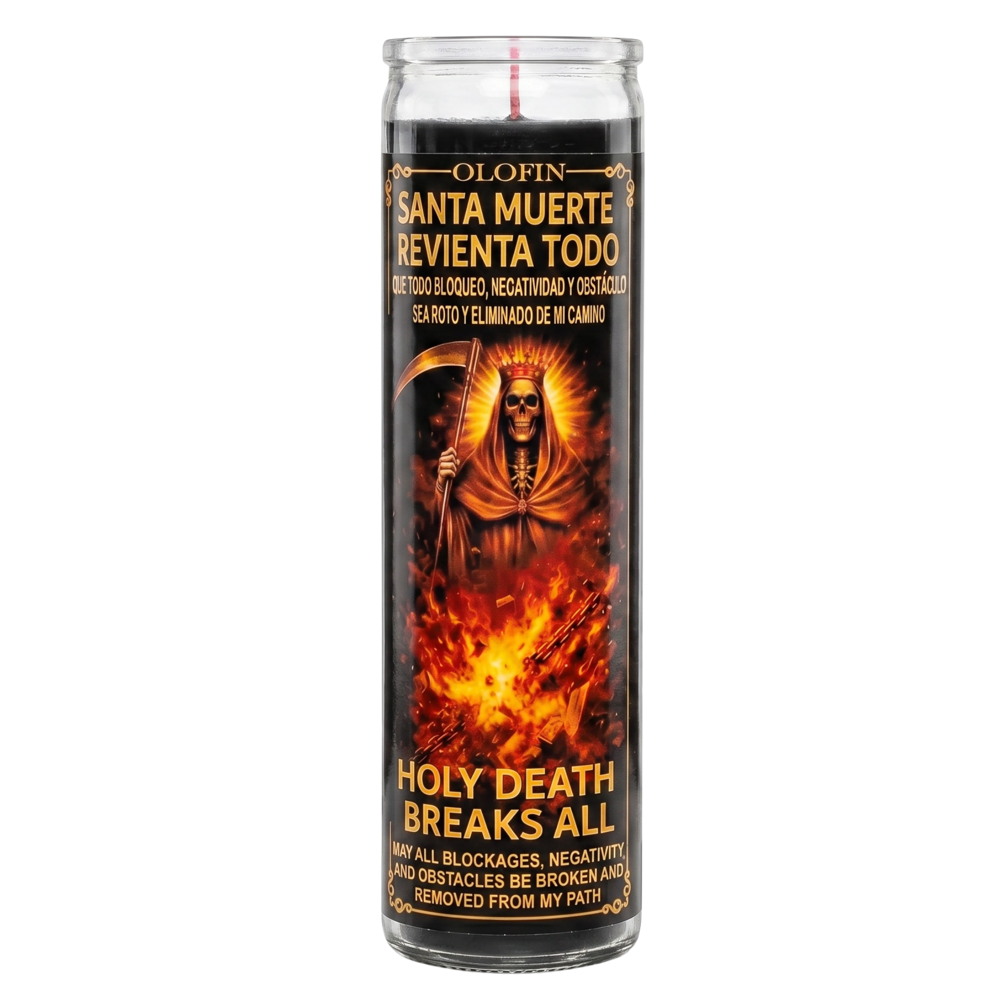 Santa Muerte Reventa Todo (Holy Death Breaks All) Prepared Ritual Candle Perfumed