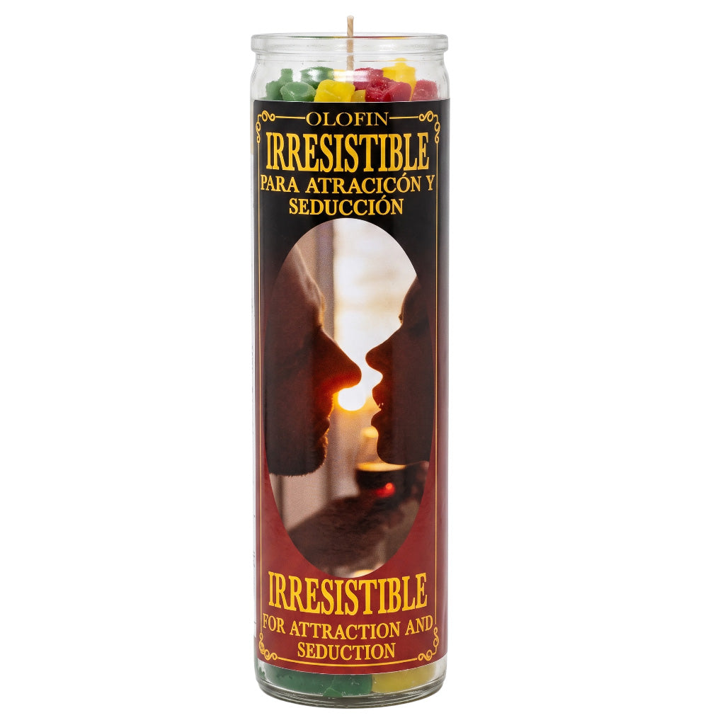 A tall glass jar candle labeled 'Olofin Irresistible' with a black and red label featuring a kissing couple silhouette and yellow text, shown on a plain white background.
