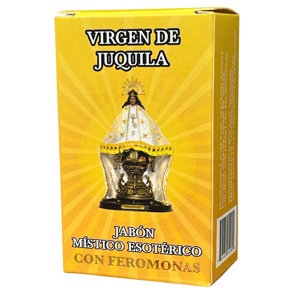 Yellow box with a religious figure on it, labeled 'Virgen de Juquila'.