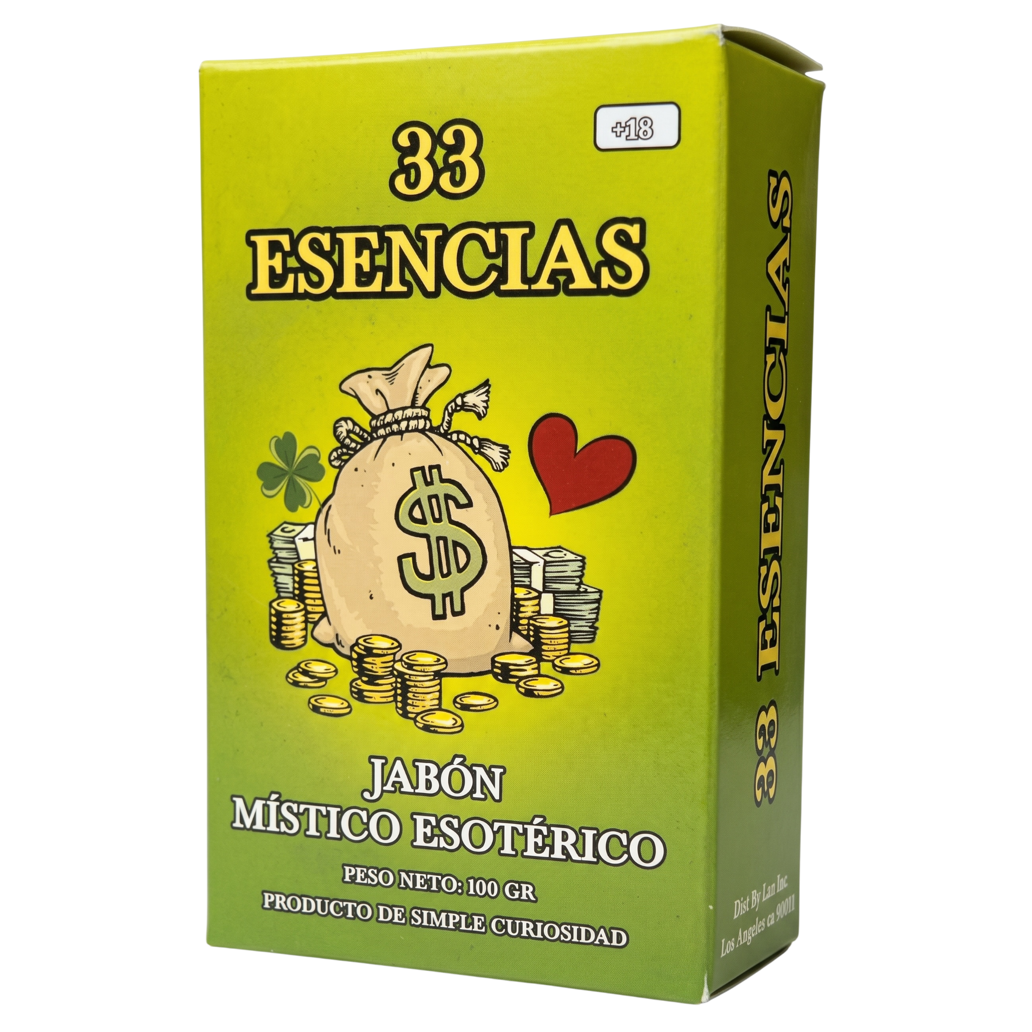A box of '33 Encias' mystical soap packaging, featuring a bright yellow-green background with illustrations of a money sack, coins, and a red heart.