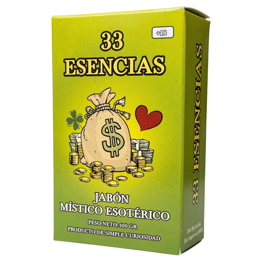 A box of '33 Encias' mystical soap packaging, featuring a bright yellow-green background with illustrations of a money sack, coins, and a red heart.