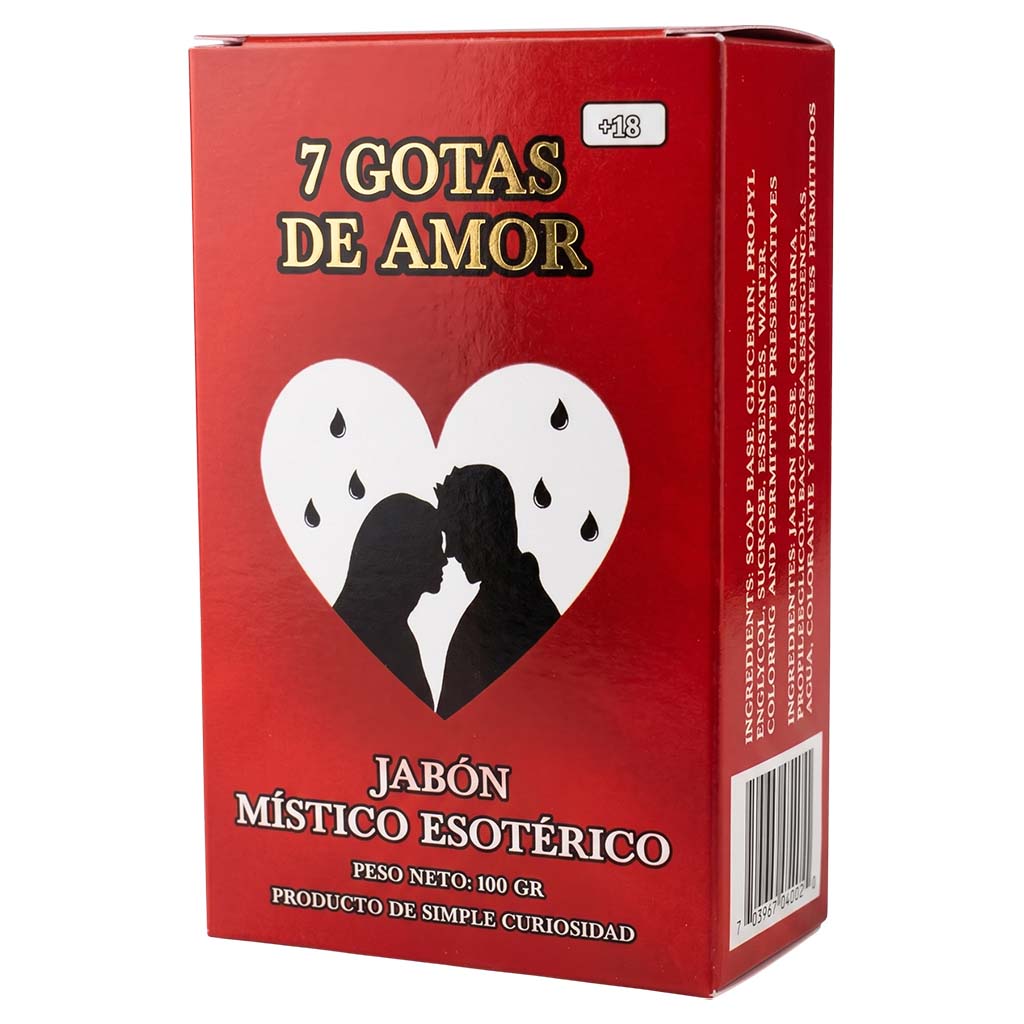 Red box of '7 Gotas de Amor' with a heart and silhouettes on a white background