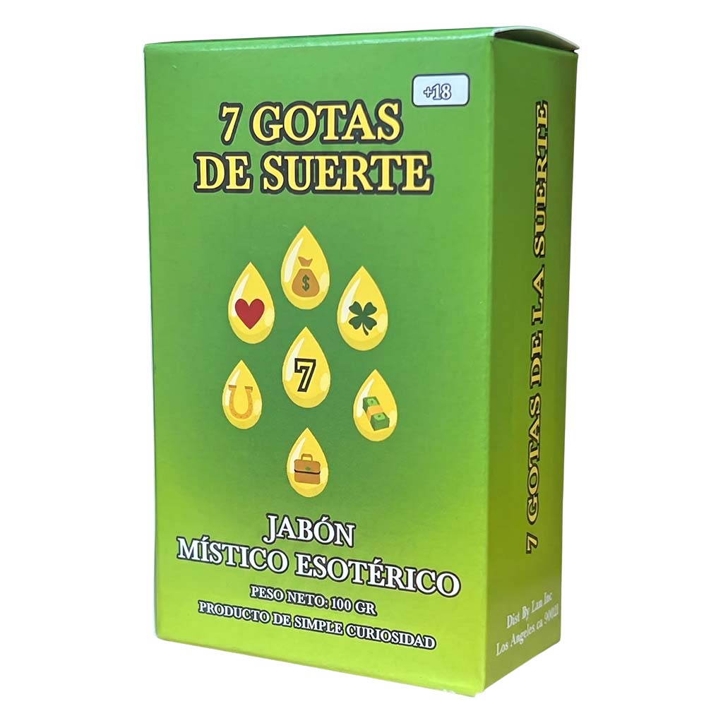 Green box of '7 Gotas de Suerte' with yellow icons and text on a white background