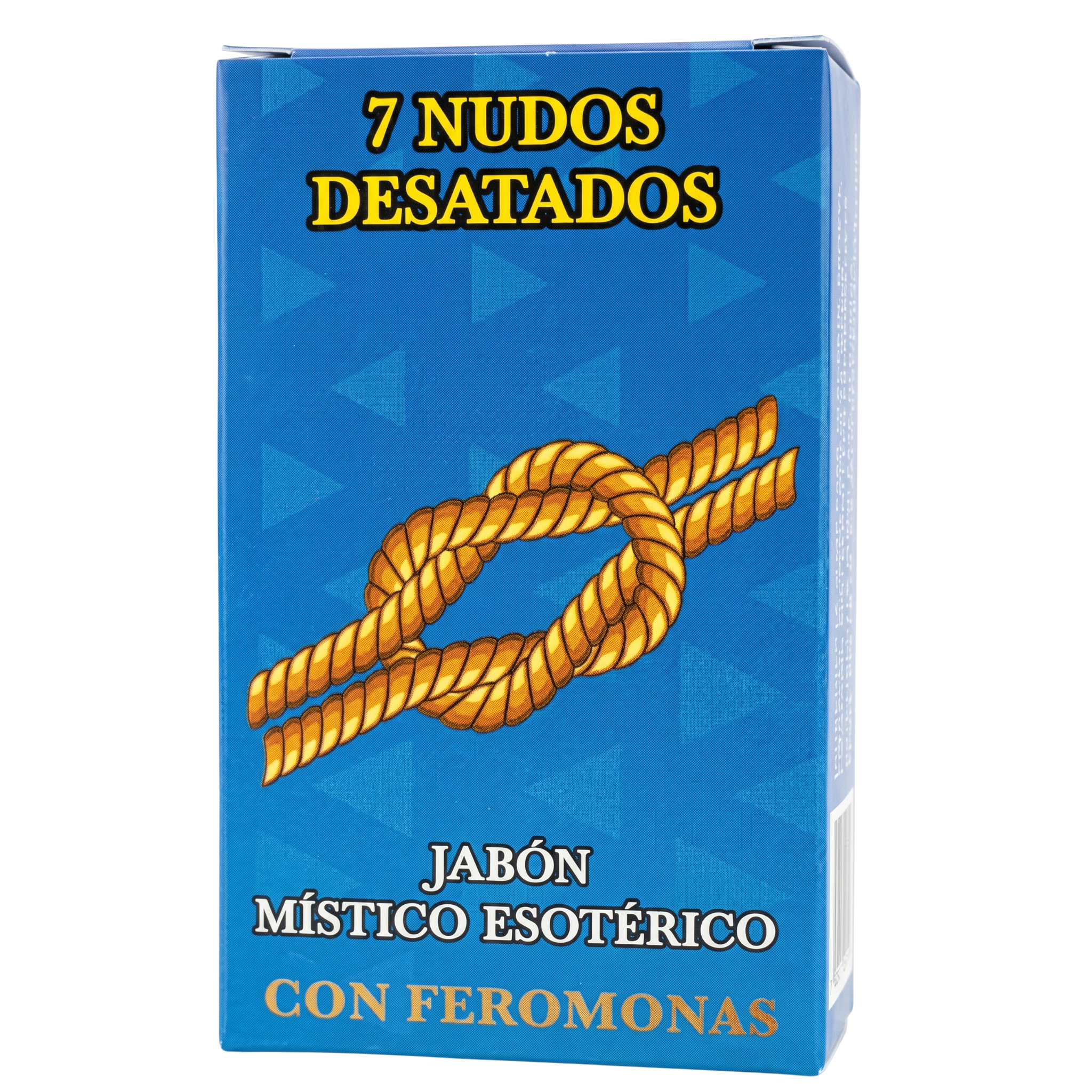 A blue rectangular box of '7 Nudos Desatados' esoteric mystery fatigues with pheromones, featuring a golden rope knot illustration on the front.