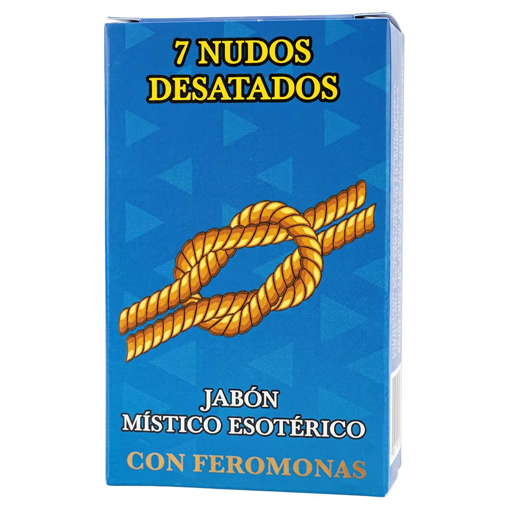A blue rectangular box of '7 Nudos Desatados' esoteric mystery fatigues with pheromones, featuring a golden rope knot illustration on the front.