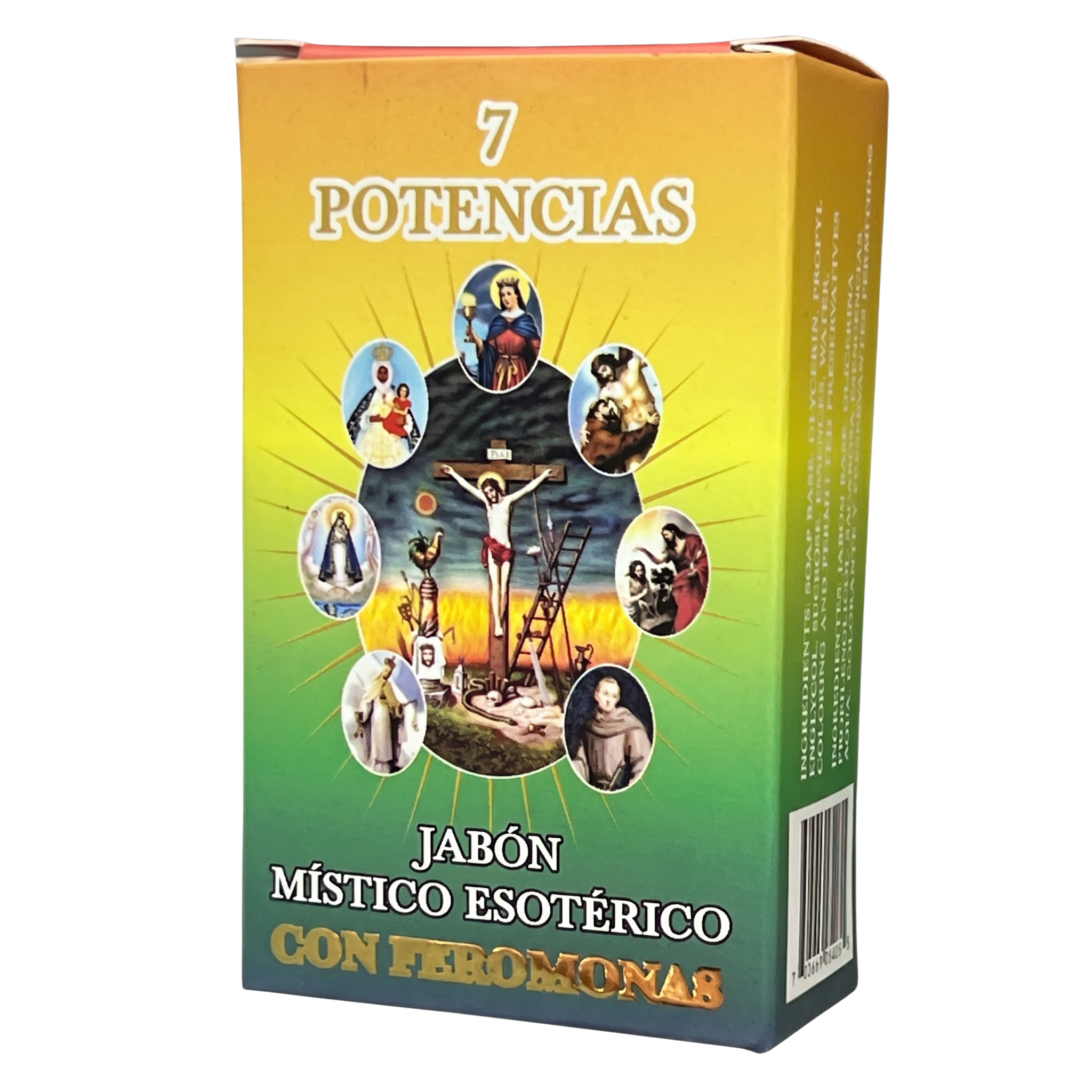 Box of '7 Potencias' mystical esoteric soap with religious imagery on a white background
