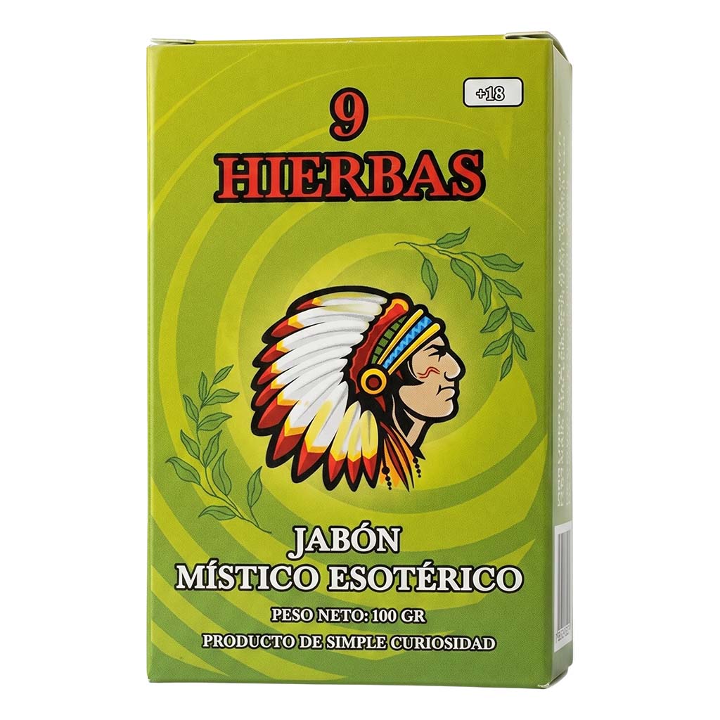 A green box of '9 HIERBAS' Místico Esotérico Jabón, featuring a graphic illustration of an indigenous man wearing a feathered headdress on the front, set against a plain white background.