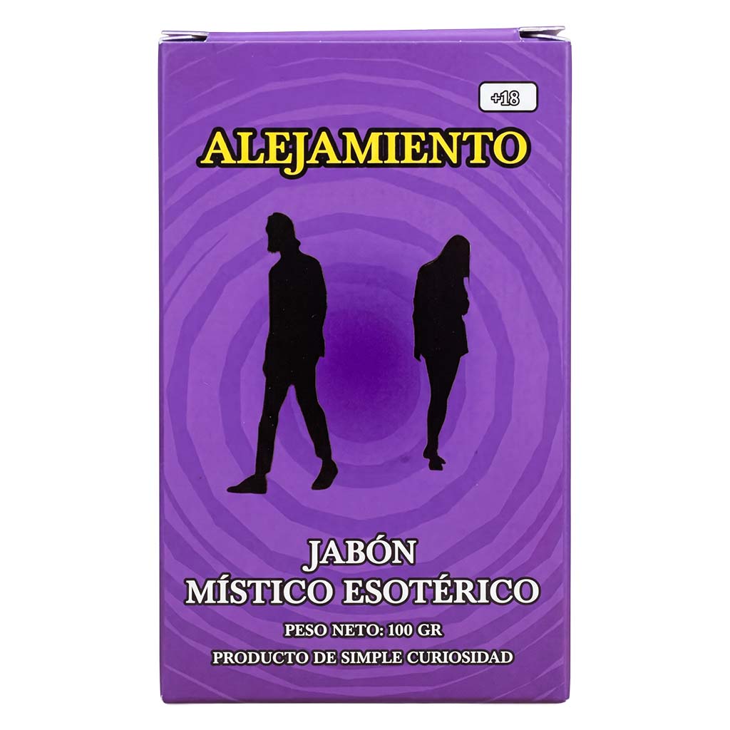 Purple soap packaging with silhouettes of a man and woman, and text in Spanish.