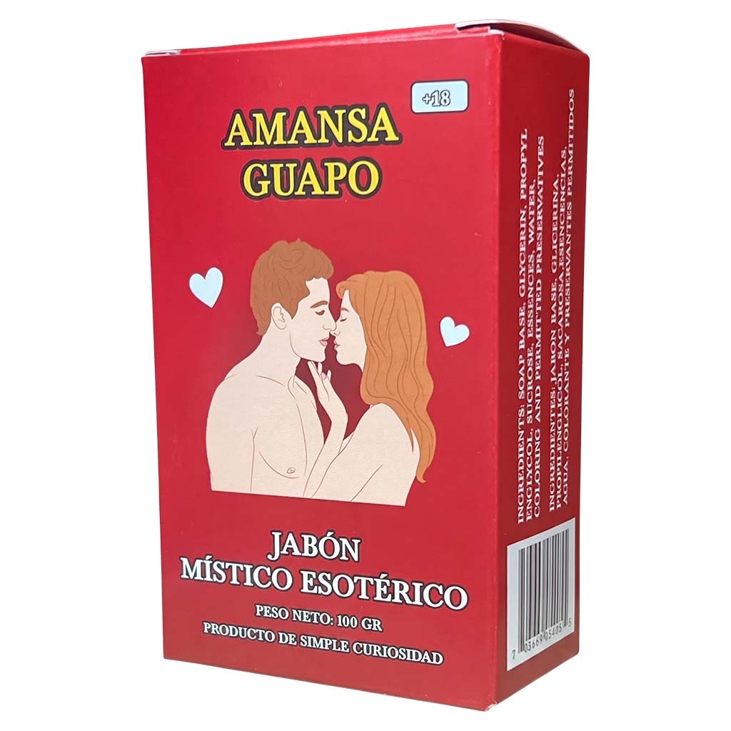 Red box of 'Amansa Guapo' with a graphic of a man and woman kissing on a white background