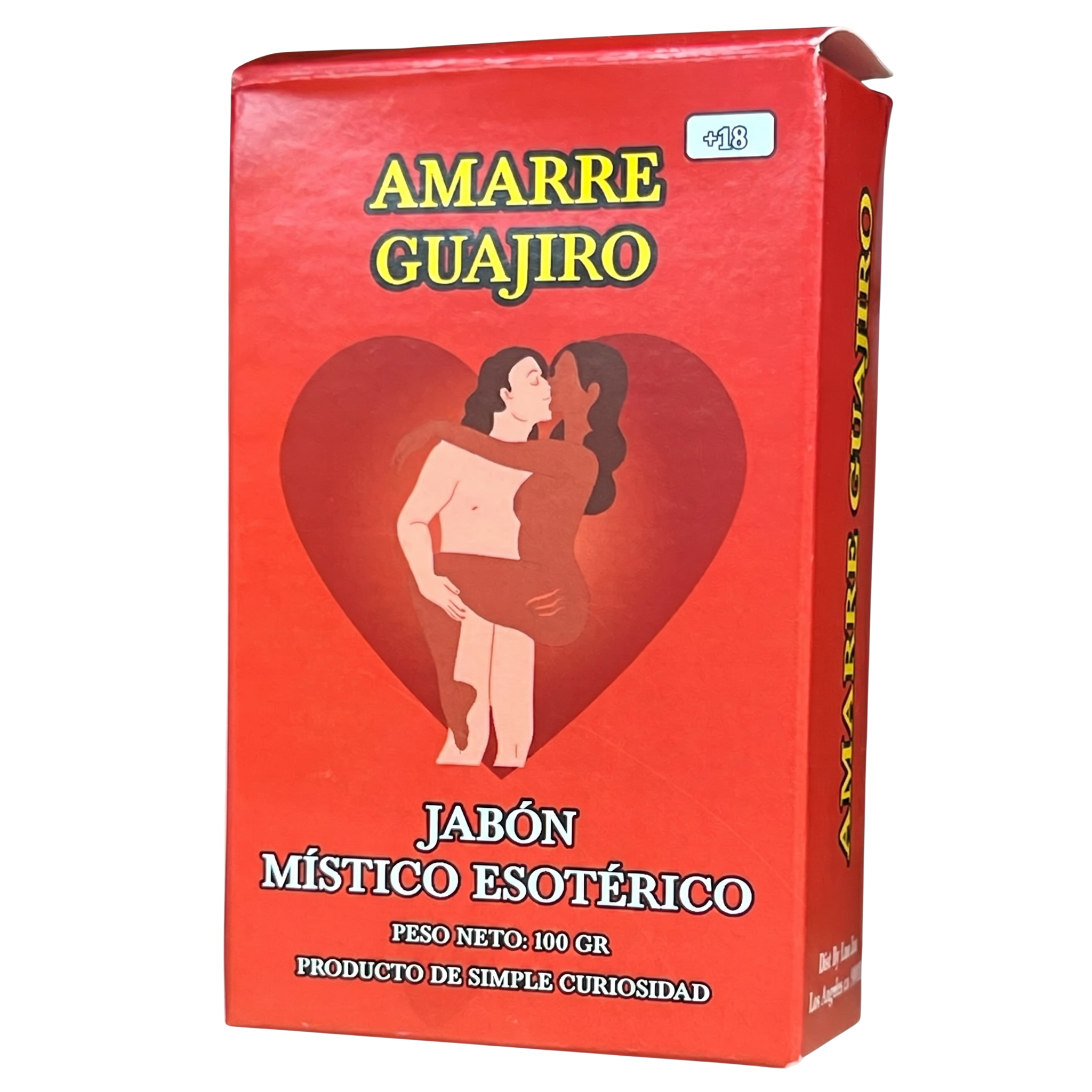 Red box of Amarre Guajiro with a heart design and two people embracing, on a white background.