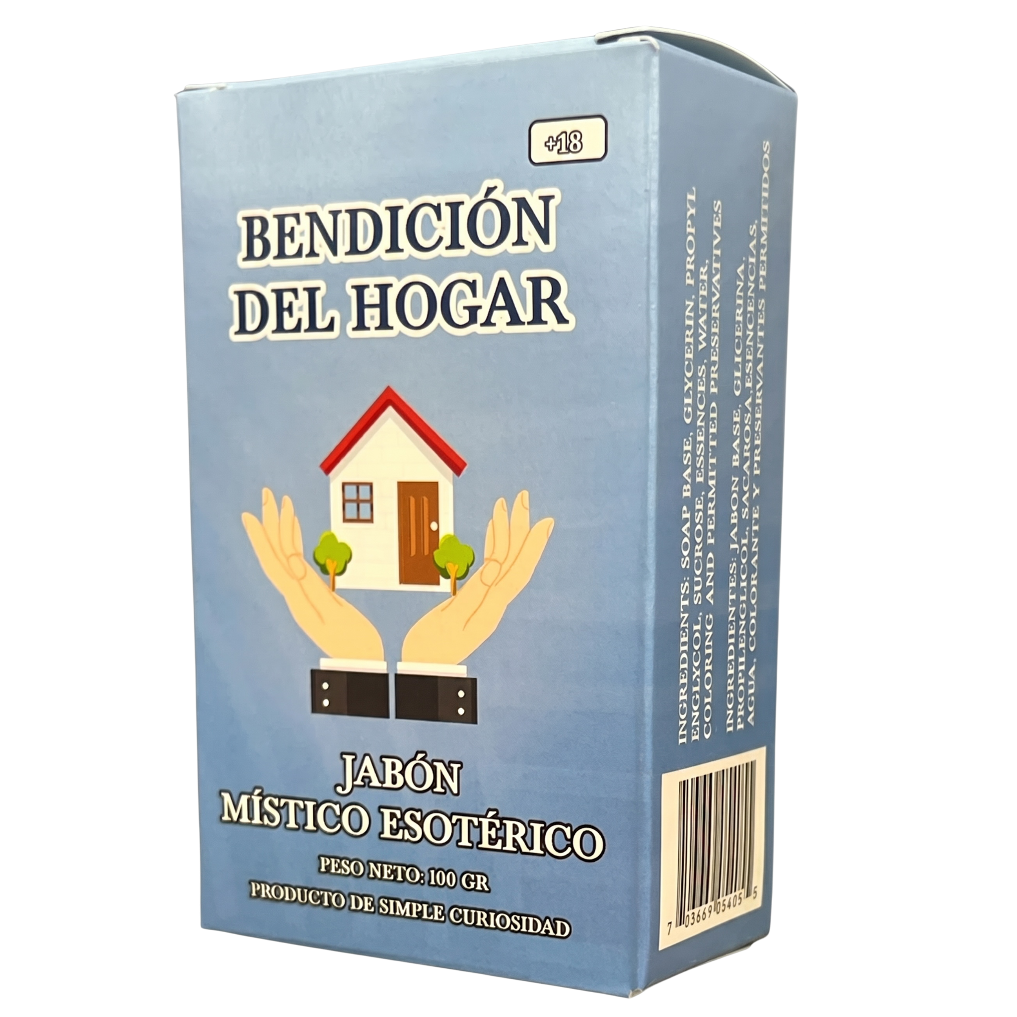 Box of 'Bendicion del Hogar' with hands holding a house illustration on a blue background