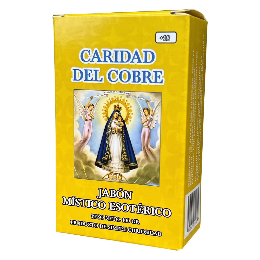 Yellow box of 'Caridad del Cobre' with religious imagery on a white background