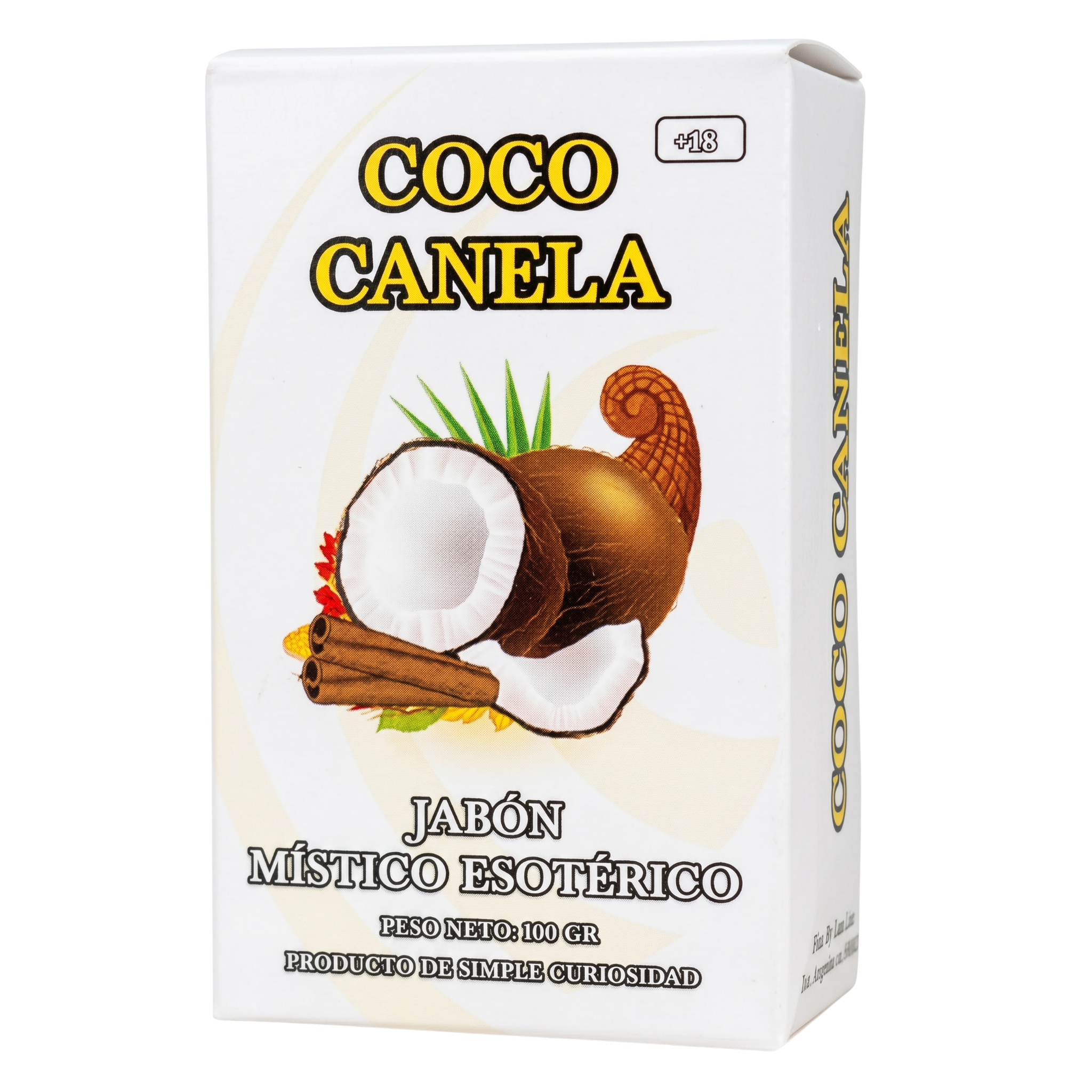 Box of Coco Canela soap with coconut and cinnamon design on a white background