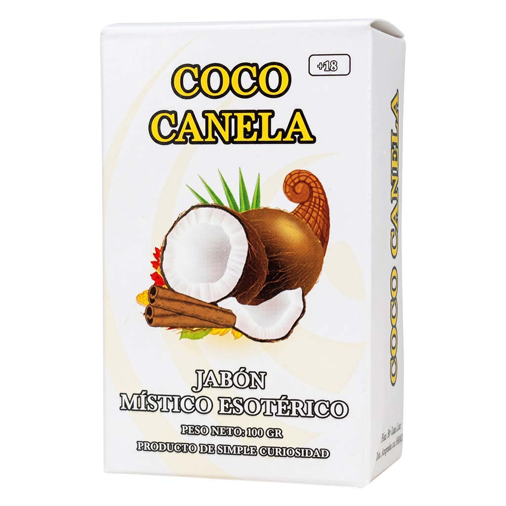 Box of Coco Canela soap with coconut and cinnamon design on a white background
