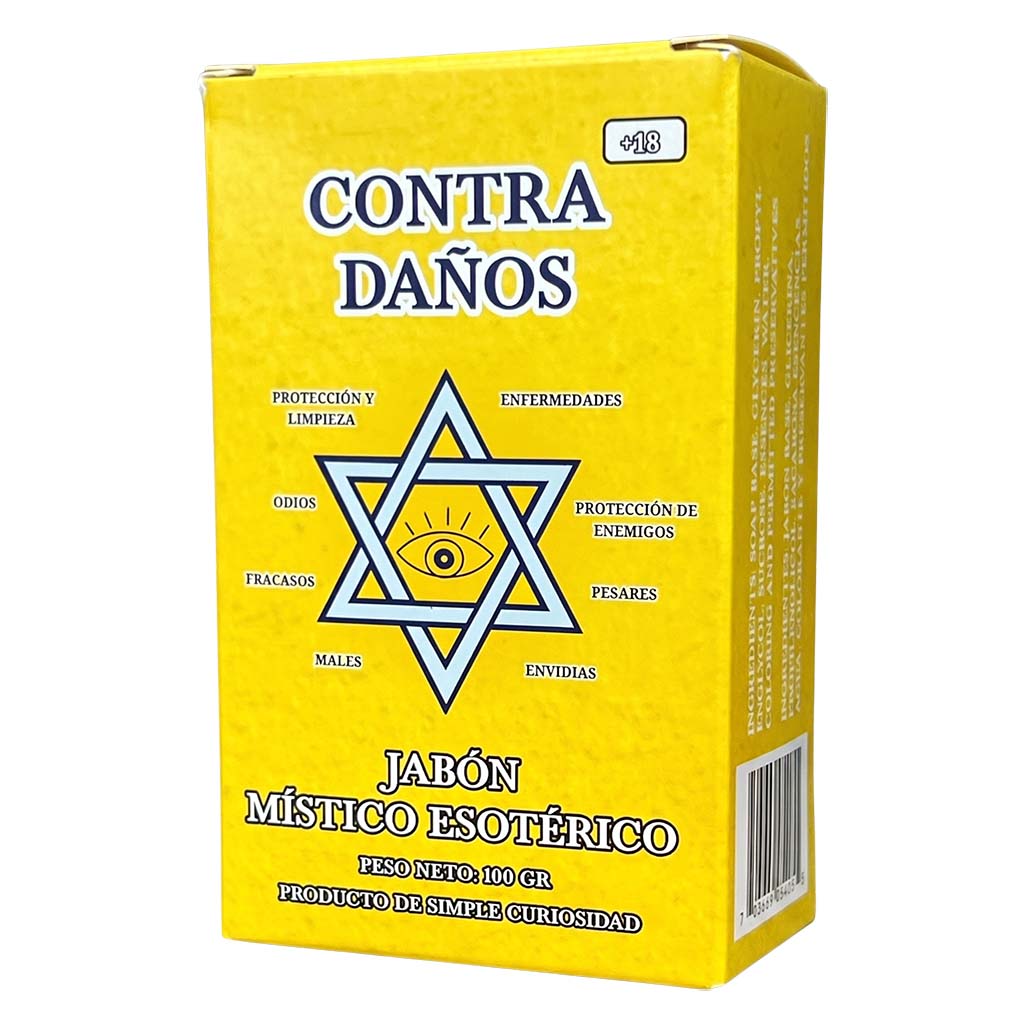 A yellow box of 'CONTRA DAÑOS' magical/esoteric soap, featuring a blue Star of David with an eye in the center and Spanish text, isolated on a white background.