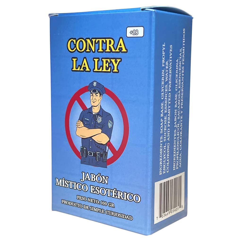 Blue box of 'Contra La Ley' with a police officer illustration on a white background
