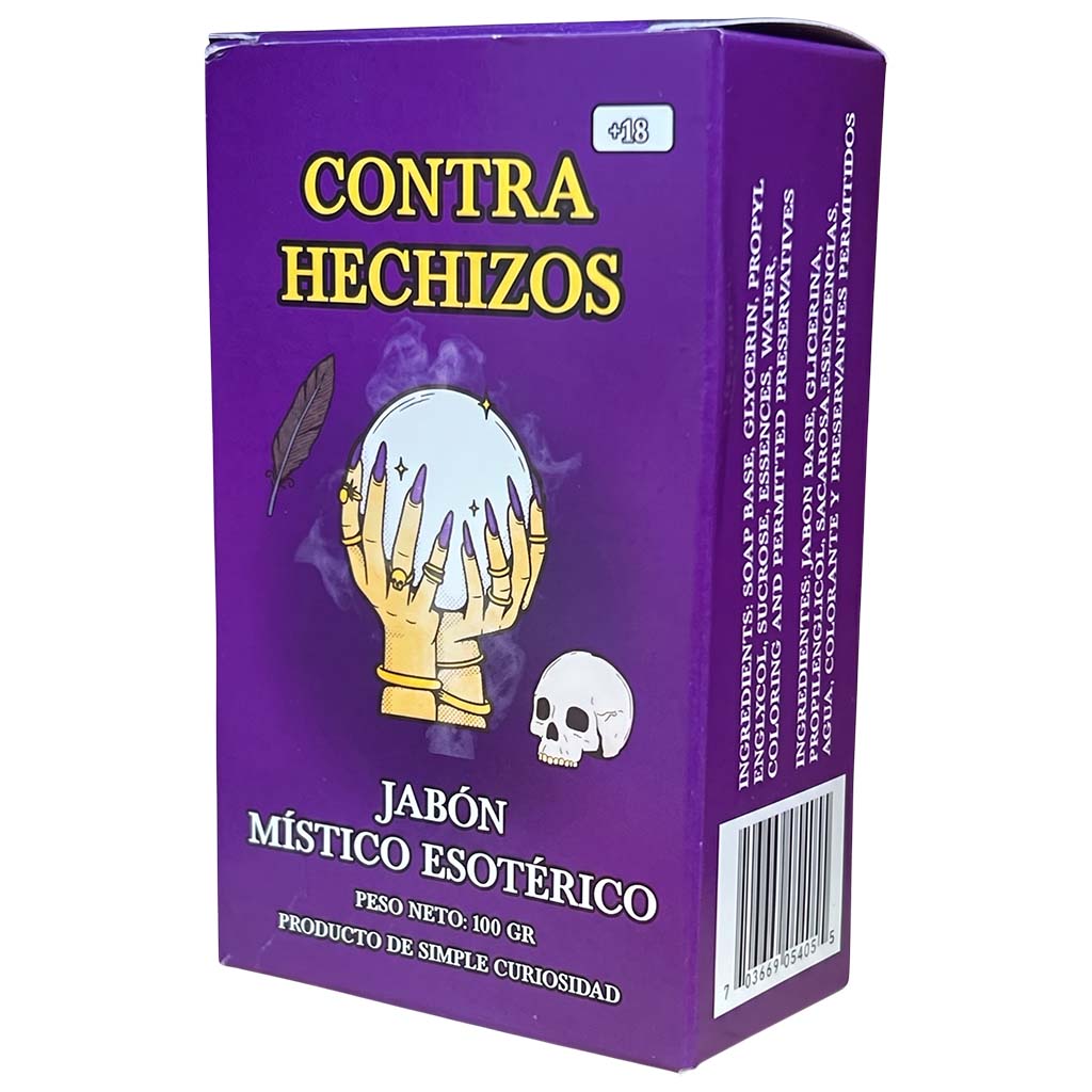 Purple soap packaging with a hand holding a skull and text in Spanish on a white background