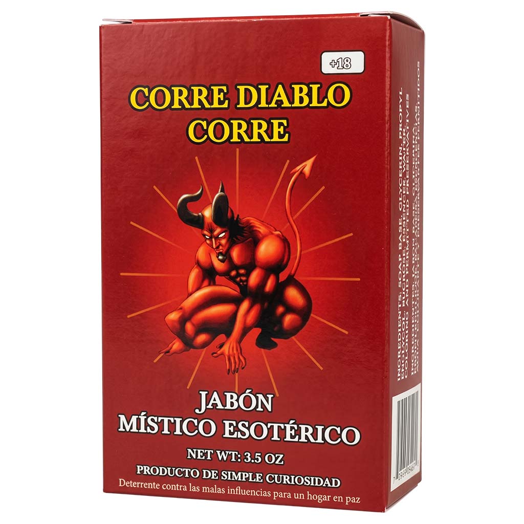 A red rectangular box of 'Corre Diablo Corre' (Run Devil Run Back) esoteric magic soap, featuring a graphic of a muscular red devil sitting in a crouched position with radiating yellow lines. The Spanish text 'JABÓN MÍSTICO ESOTÉRICO' is printed in white below the graphic.