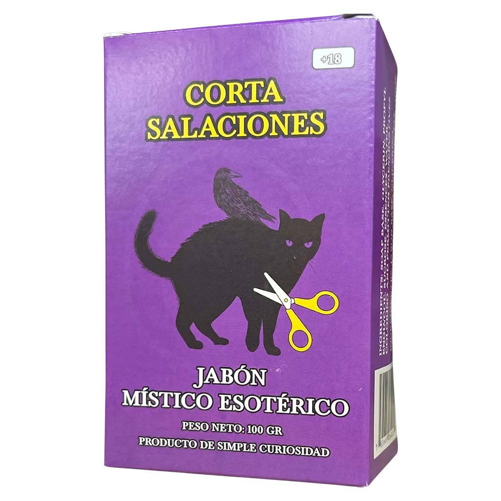 Purple box of Corta Salaciones magical soap, featuring a black cat silhouette with a crow on its back and yellow scissors graphic on a white background.