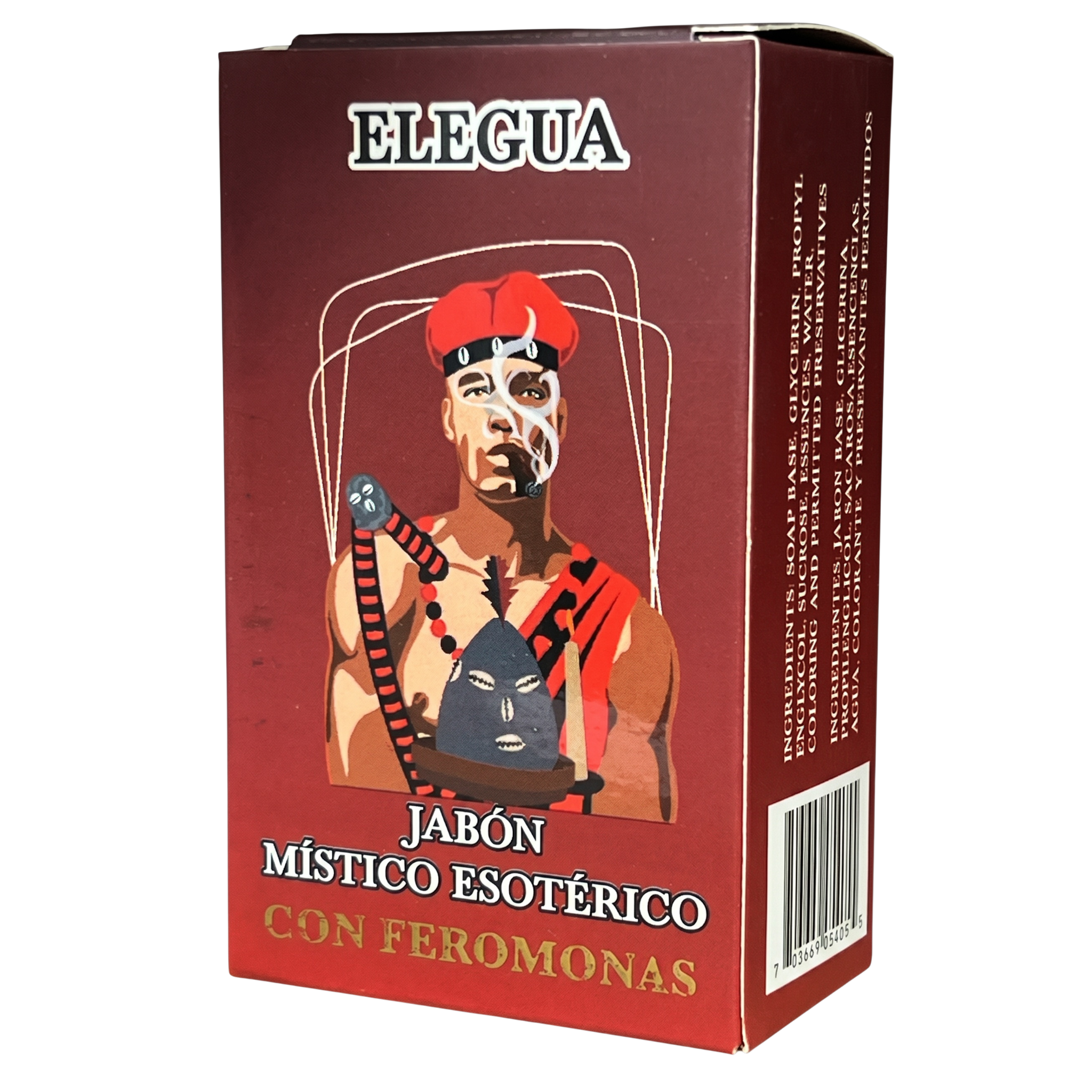 Box of Elegua esoteric soap with a stylized illustration on a white background