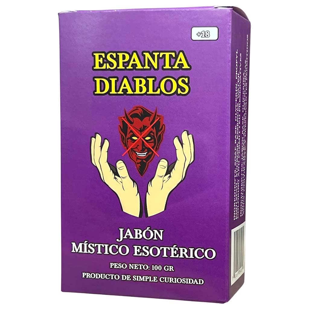 A purple rectangular box of 'Espanta Diablos' mystical soap, featuring a graphic of two hands holding a red demon face, with yellow and white text on a white background.