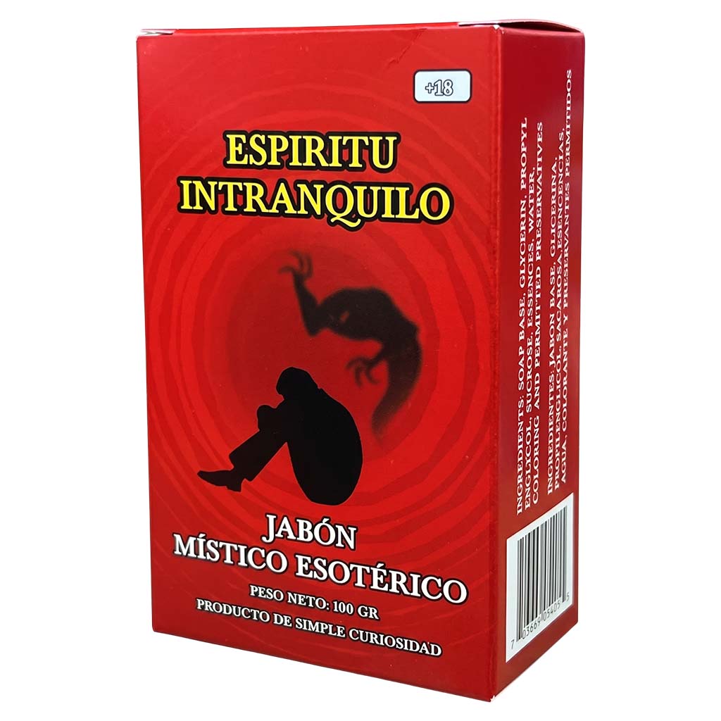 Red packaging of 'Espiritu Intranquilo' with a silhouette and snake illustration on a white background