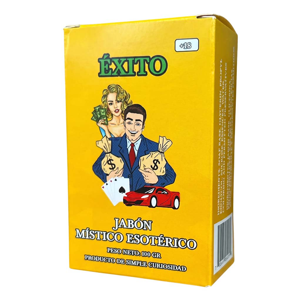 Yellow box with graphics of a man and woman holding money bags and a car, with 'Exito' branding.