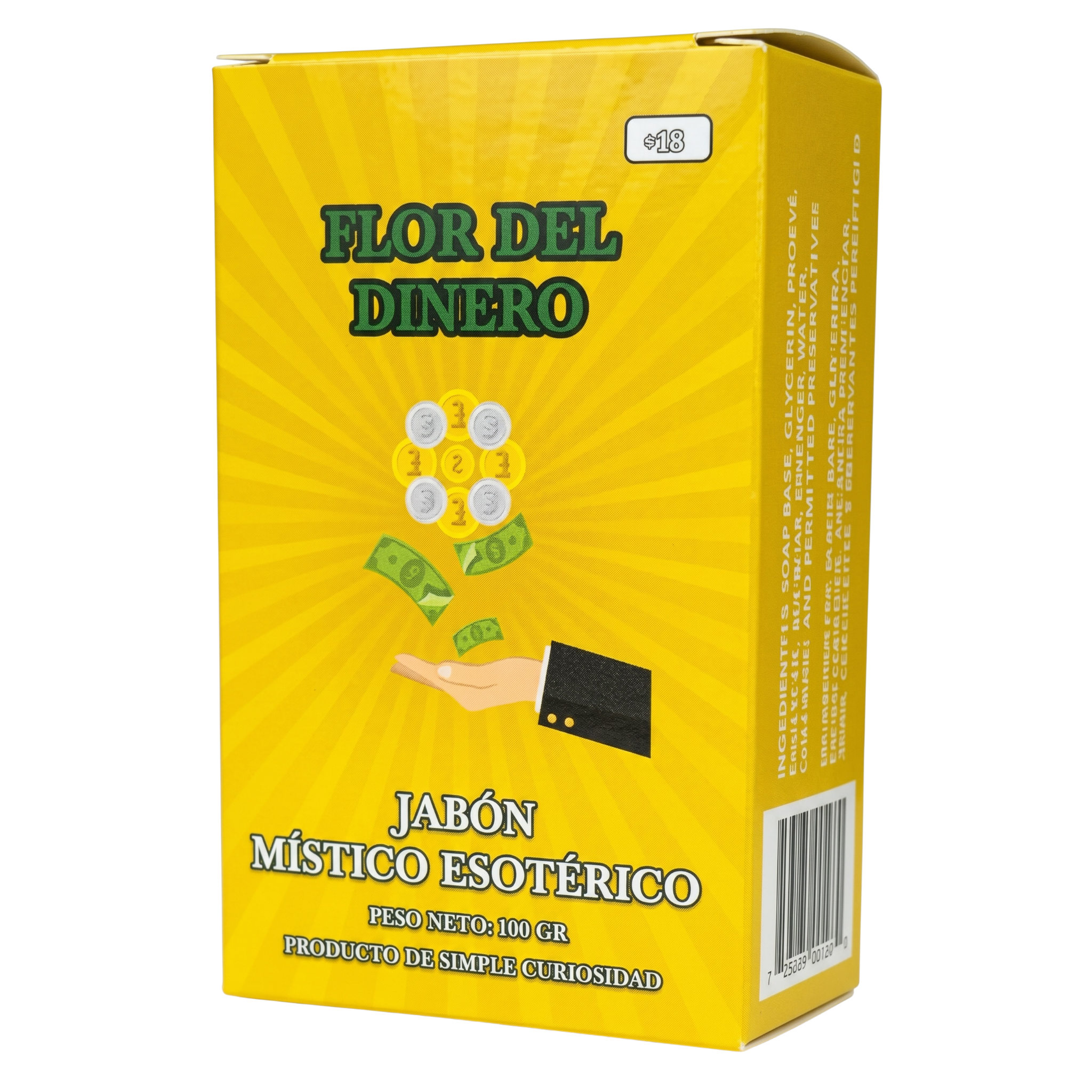 Yellow box of 'Flor del Dinero' with a graphic of money and a hand, on a white background.