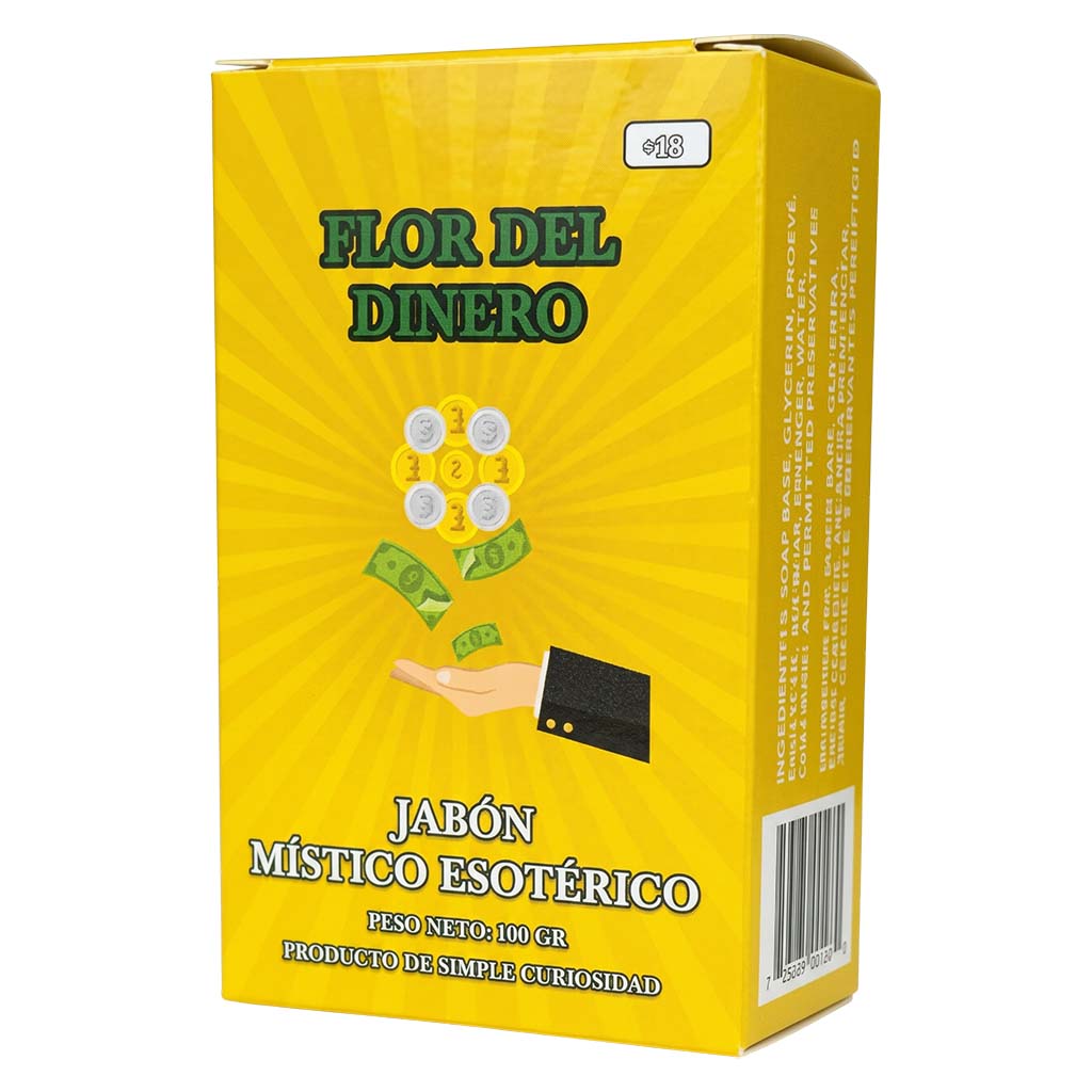 Yellow box of 'Flor del Dinero' with a graphic of money and a hand, on a white background.