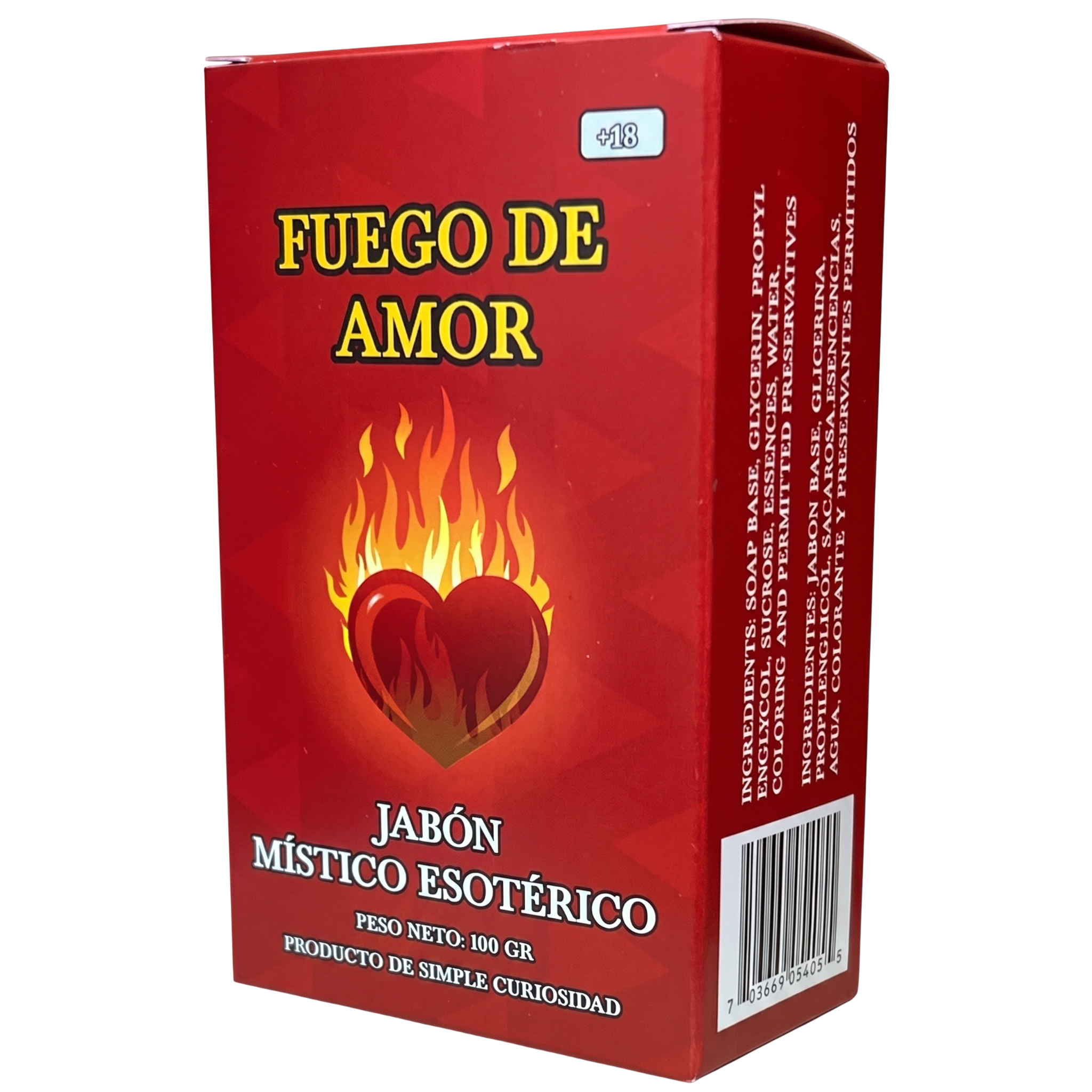Red box of 'Fuego de Amor' with a heart and flame design on a white background