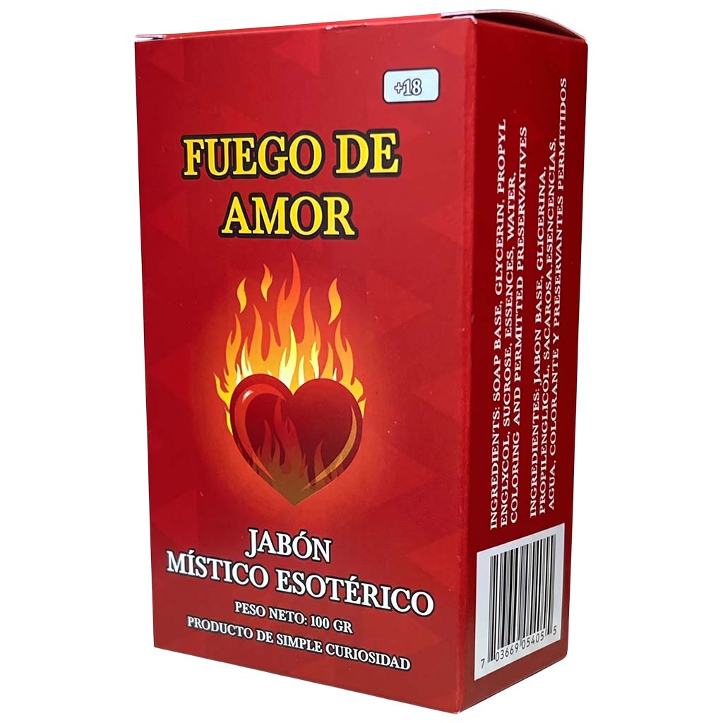 Red box of 'Fuego de Amor' with a heart and flame design on a white background