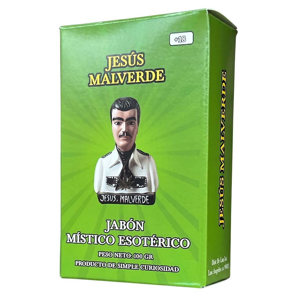 Green box of Jesús Malverde soap with a portrait on a white background